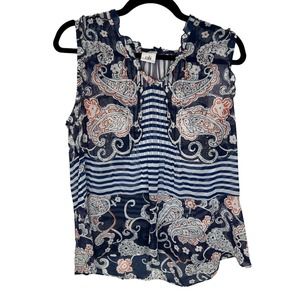 Cabi Womens Blue Floral Sheer Striped Ruffle Top Size Small